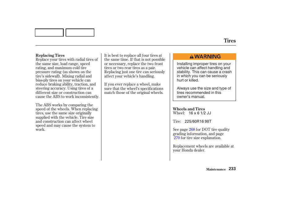 Tires | HONDA 2004 Odyssey - Owner's Manual User Manual | Page 236 / 296