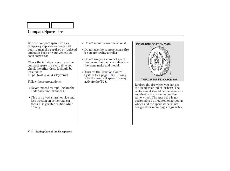 Compact spare tire | HONDA 2004 Odyssey - Owner's Manual User Manual | Page 241 / 296