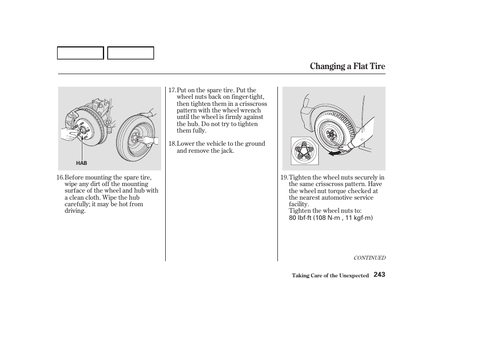 Changing a flat tire | HONDA 2004 Odyssey - Owner's Manual User Manual | Page 246 / 296