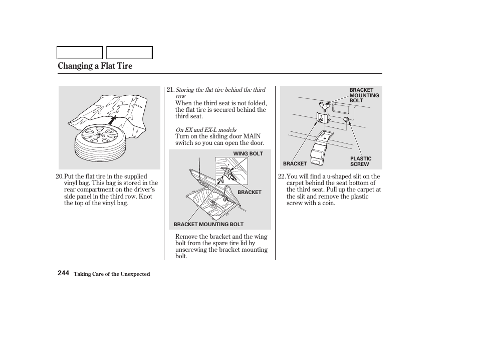 Changing a flat tire | HONDA 2004 Odyssey - Owner's Manual User Manual | Page 247 / 296