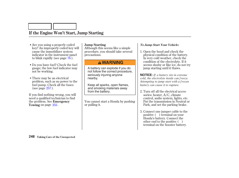 If the engine won’t start, jump starting | HONDA 2004 Odyssey - Owner's Manual User Manual | Page 251 / 296