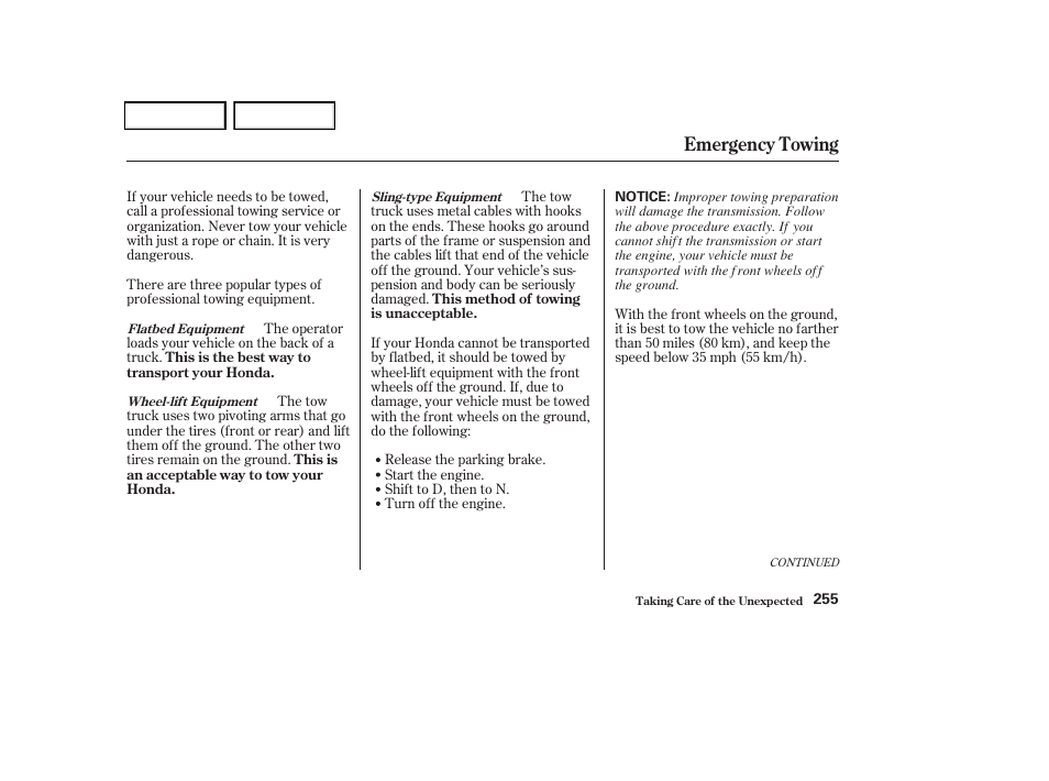 Emergency towing | HONDA 2004 Odyssey - Owner's Manual User Manual | Page 258 / 296