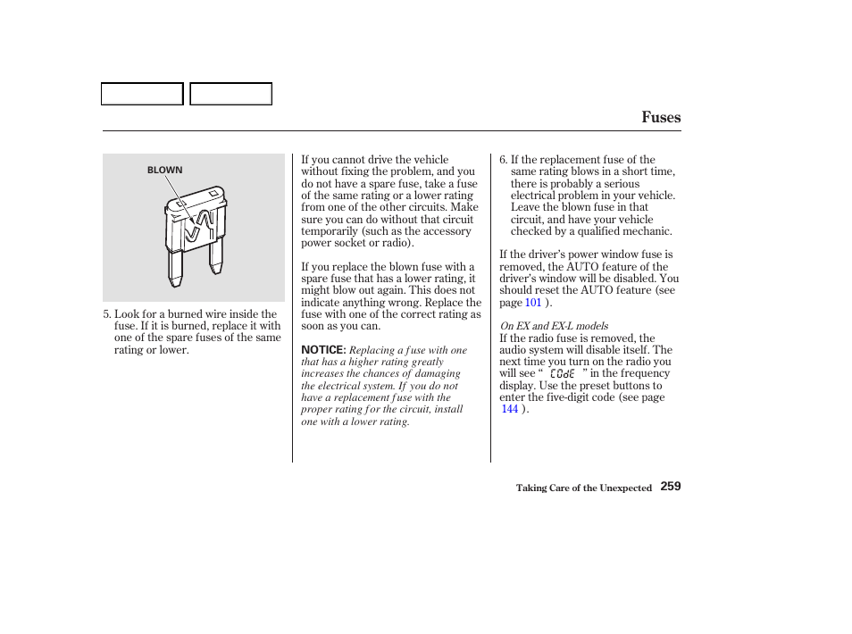 Fuses | HONDA 2004 Odyssey - Owner's Manual User Manual | Page 262 / 296