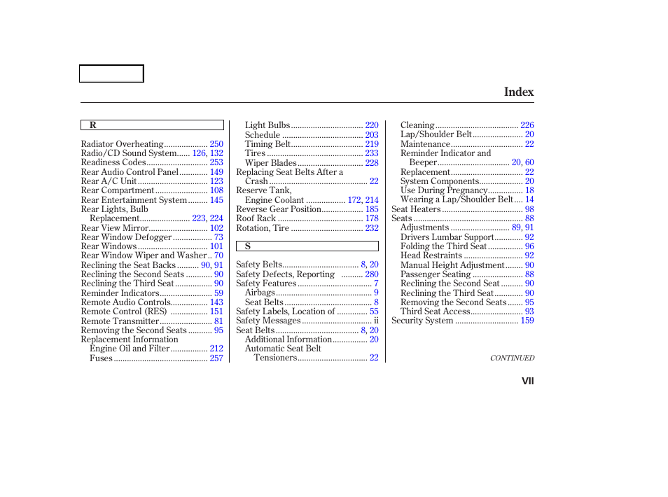 Index | HONDA 2004 Odyssey - Owner's Manual User Manual | Page 292 / 296