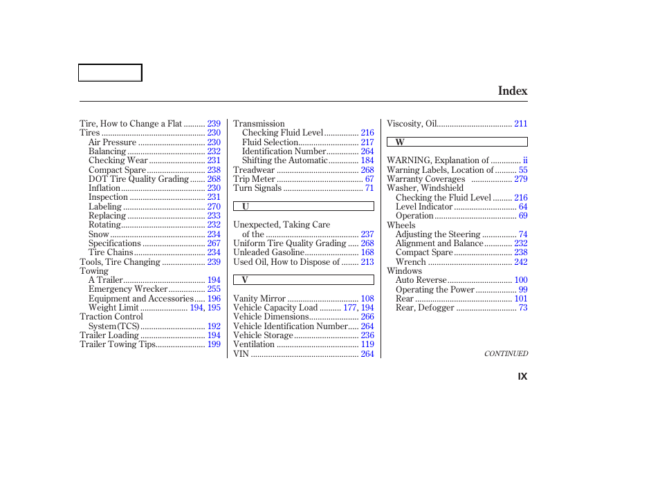 Index | HONDA 2004 Odyssey - Owner's Manual User Manual | Page 294 / 296
