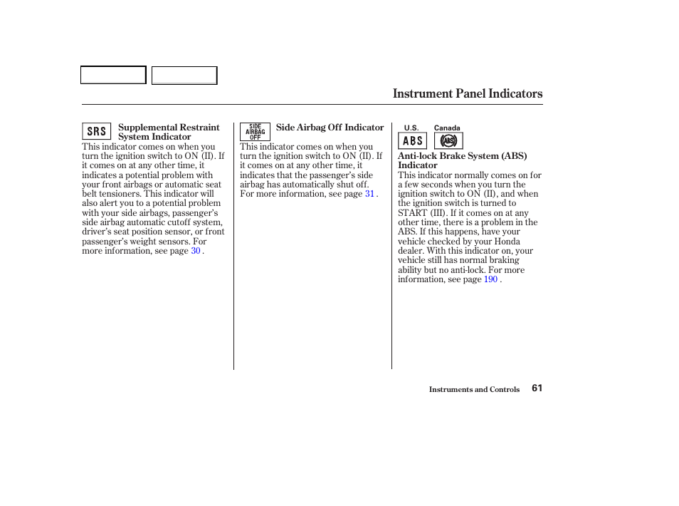 Instrument panel indicators | HONDA 2004 Odyssey - Owner's Manual User Manual | Page 64 / 296