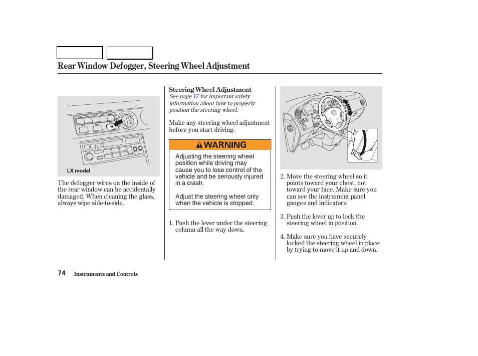 Rear window defogger, steering wheel adjustment | HONDA 2004 Odyssey - Owner's Manual User Manual | Page 77 / 296