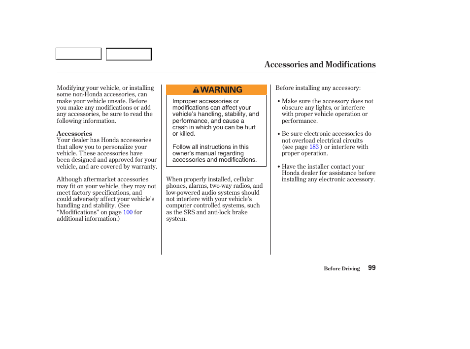 Accessories and modifications | HONDA 2004 Insight  - Owner's Manual User Manual | Page 102 / 218