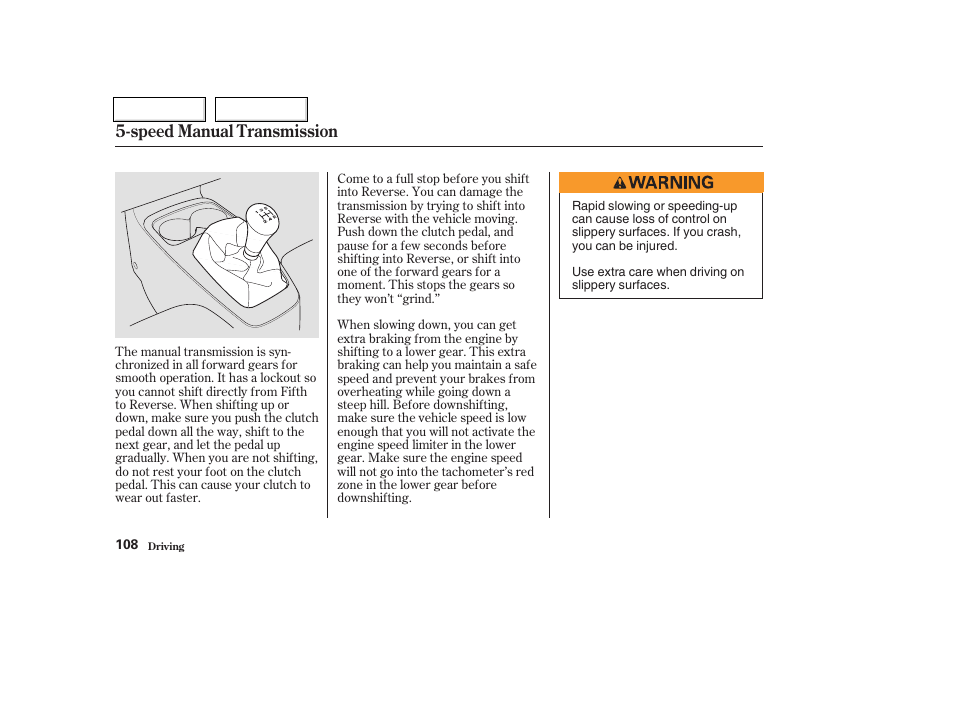 Speed manual transmission | HONDA 2004 Insight  - Owner's Manual User Manual | Page 111 / 218