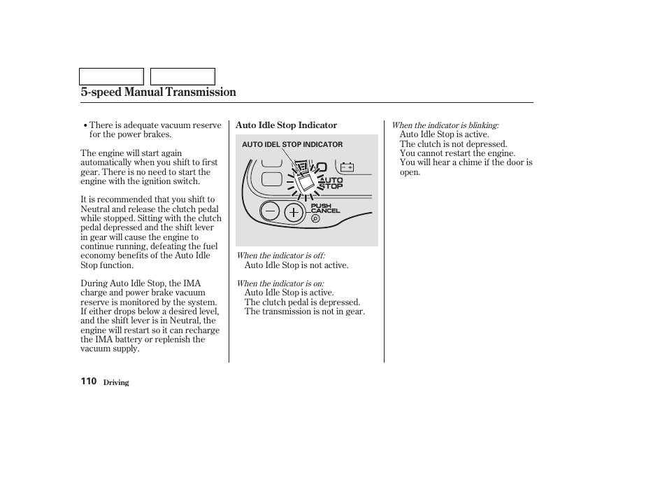 Speed manual transmission | HONDA 2004 Insight  - Owner's Manual User Manual | Page 113 / 218