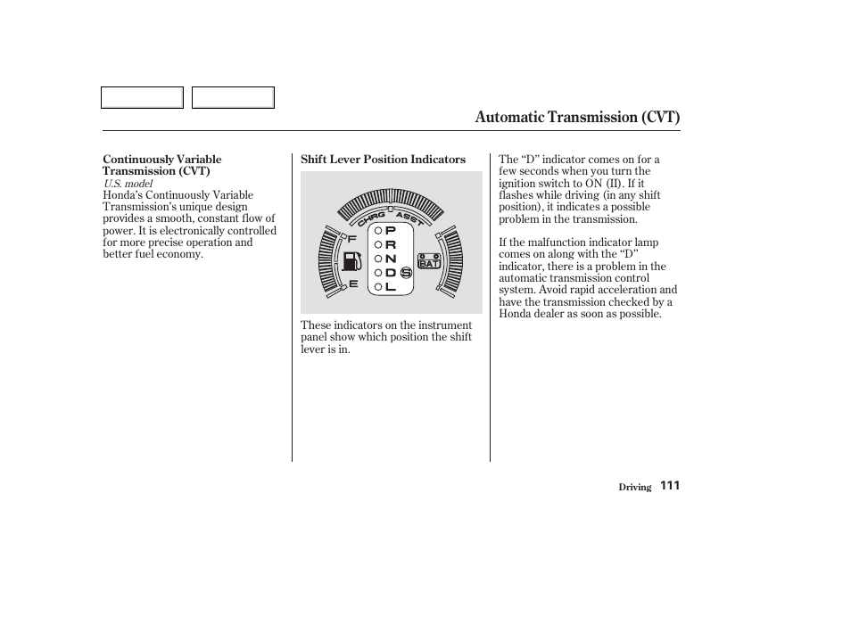 Automatic transmission (cvt) | HONDA 2004 Insight  - Owner's Manual User Manual | Page 114 / 218