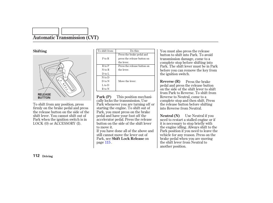 Automatic transmission (cvt) | HONDA 2004 Insight  - Owner's Manual User Manual | Page 115 / 218
