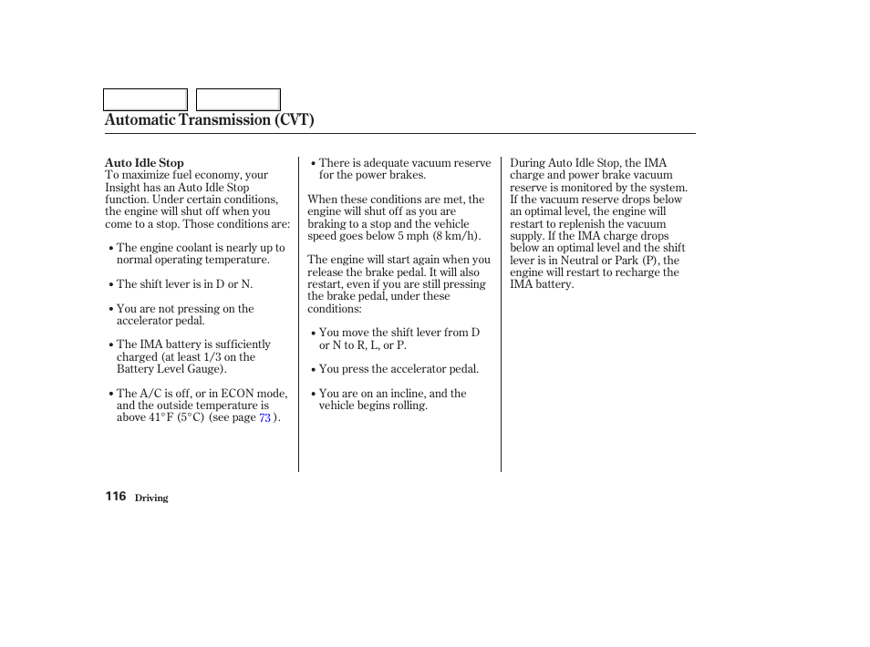 Automatic transmission (cvt) | HONDA 2004 Insight  - Owner's Manual User Manual | Page 119 / 218