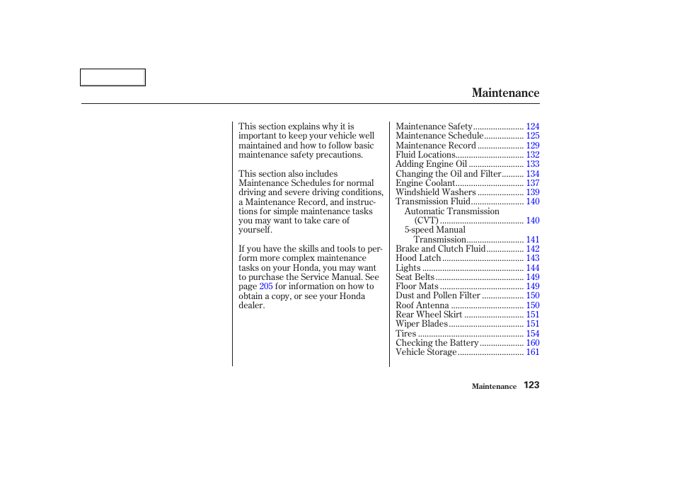 Maintenance | HONDA 2004 Insight  - Owner's Manual User Manual | Page 126 / 218