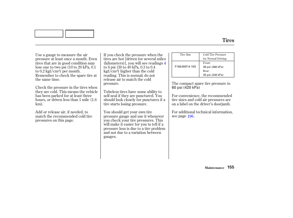 Tires | HONDA 2004 Insight  - Owner's Manual User Manual | Page 158 / 218