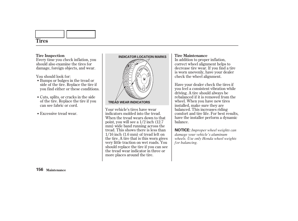 Tires | HONDA 2004 Insight  - Owner's Manual User Manual | Page 159 / 218