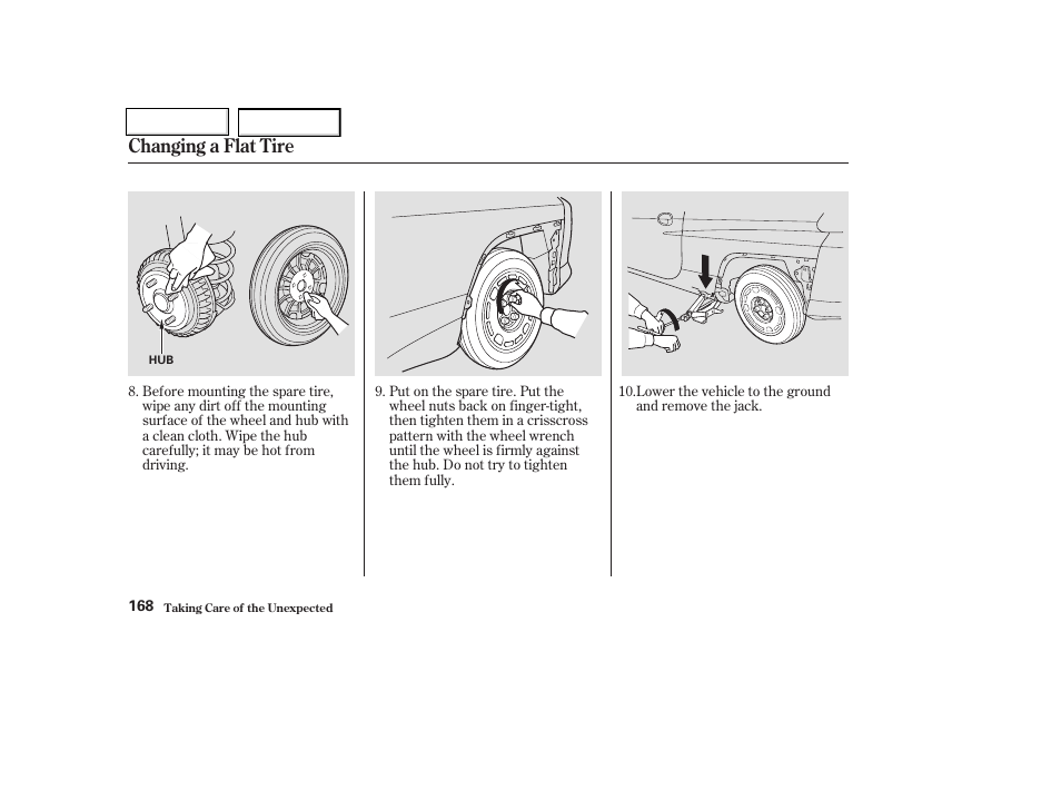 Changing a flat tire | HONDA 2004 Insight  - Owner's Manual User Manual | Page 171 / 218