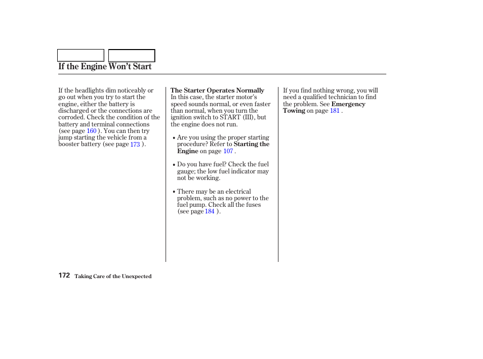 If the engine won’t start | HONDA 2004 Insight  - Owner's Manual User Manual | Page 175 / 218