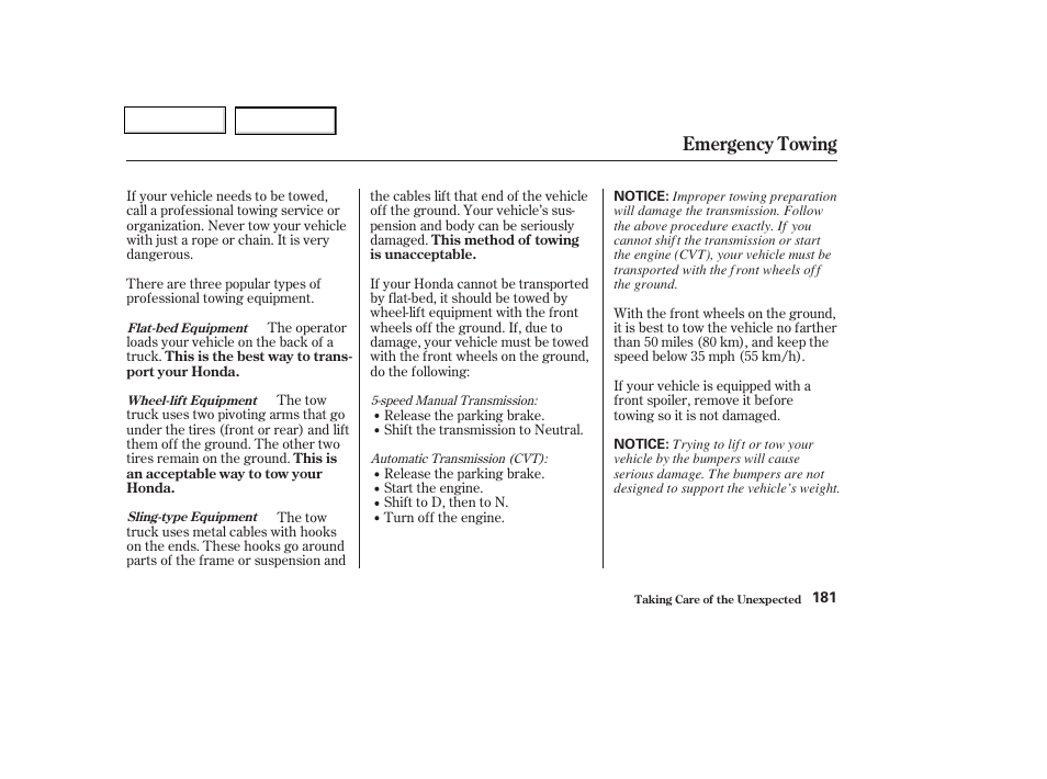 Emergency towing | HONDA 2004 Insight  - Owner's Manual User Manual | Page 184 / 218