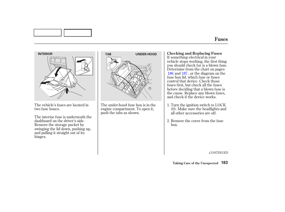 Fuses | HONDA 2004 Insight  - Owner's Manual User Manual | Page 186 / 218