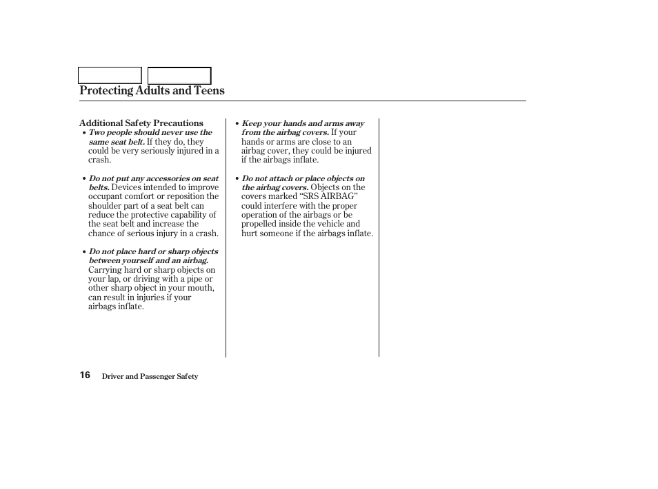 Protecting adults and teens | HONDA 2004 Insight  - Owner's Manual User Manual | Page 19 / 218