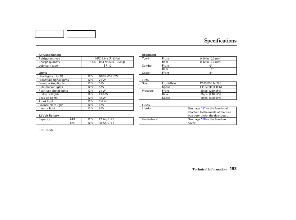 Specifications | HONDA 2004 Insight  - Owner's Manual User Manual | Page 196 / 218