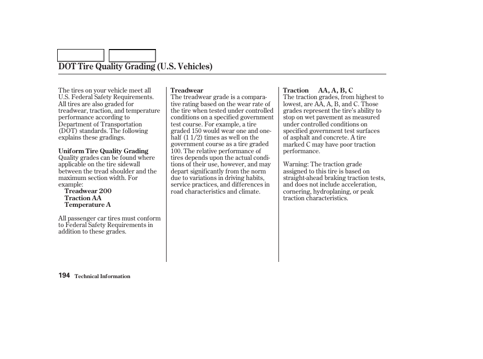 Dot tire quality grading (u.s. vehicles) | HONDA 2004 Insight  - Owner's Manual User Manual | Page 197 / 218
