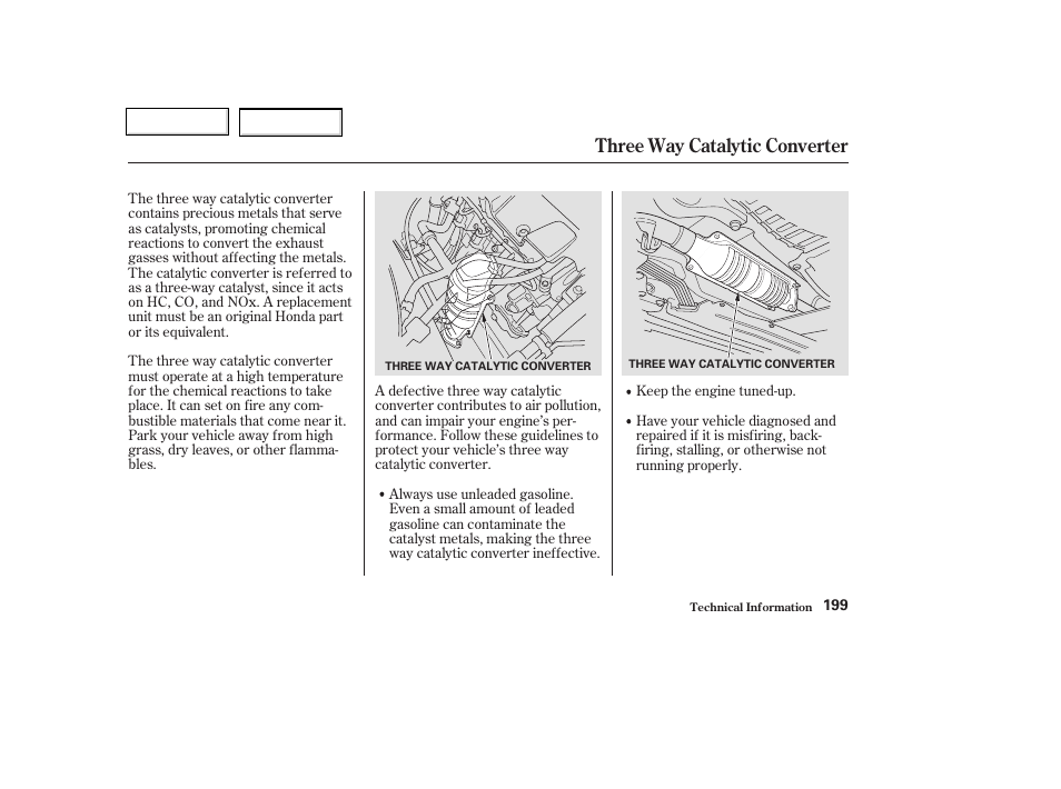 Three way catalytic converter | HONDA 2004 Insight  - Owner's Manual User Manual | Page 202 / 218