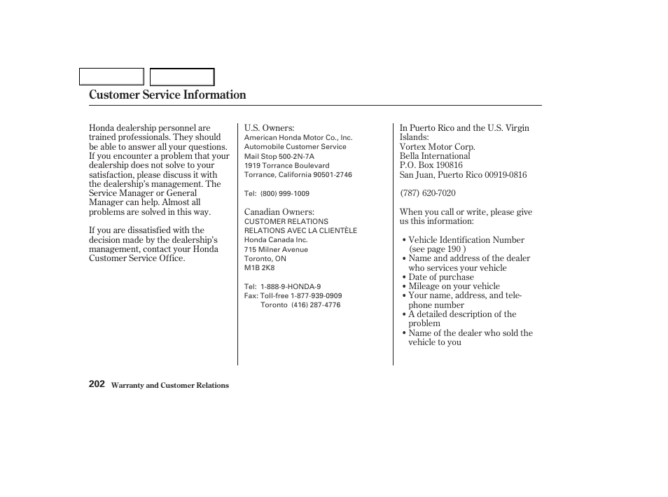 Customer service information | HONDA 2004 Insight  - Owner's Manual User Manual | Page 205 / 218