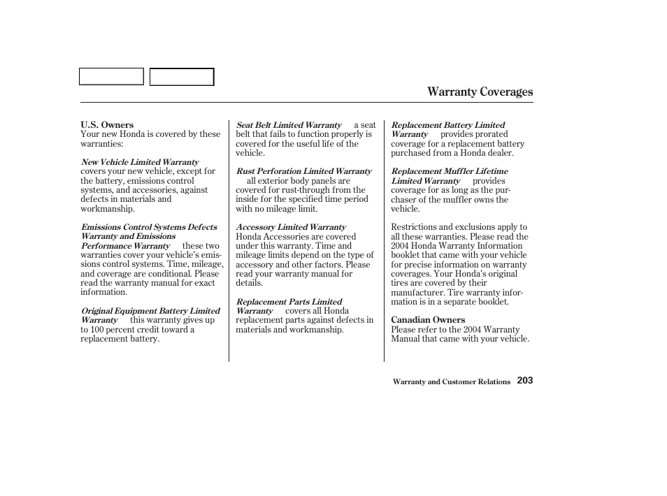 Warranty coverages | HONDA 2004 Insight  - Owner's Manual User Manual | Page 206 / 218