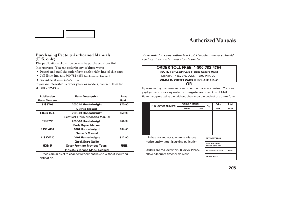 Authorized manuals | HONDA 2004 Insight  - Owner's Manual User Manual | Page 208 / 218