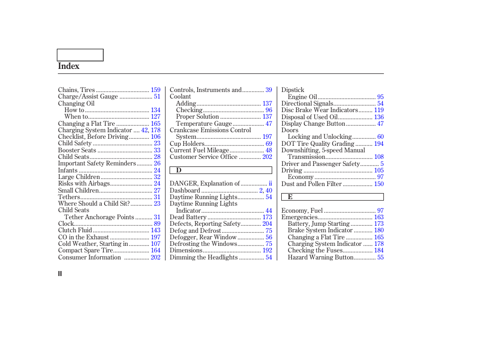 Index | HONDA 2004 Insight  - Owner's Manual User Manual | Page 211 / 218