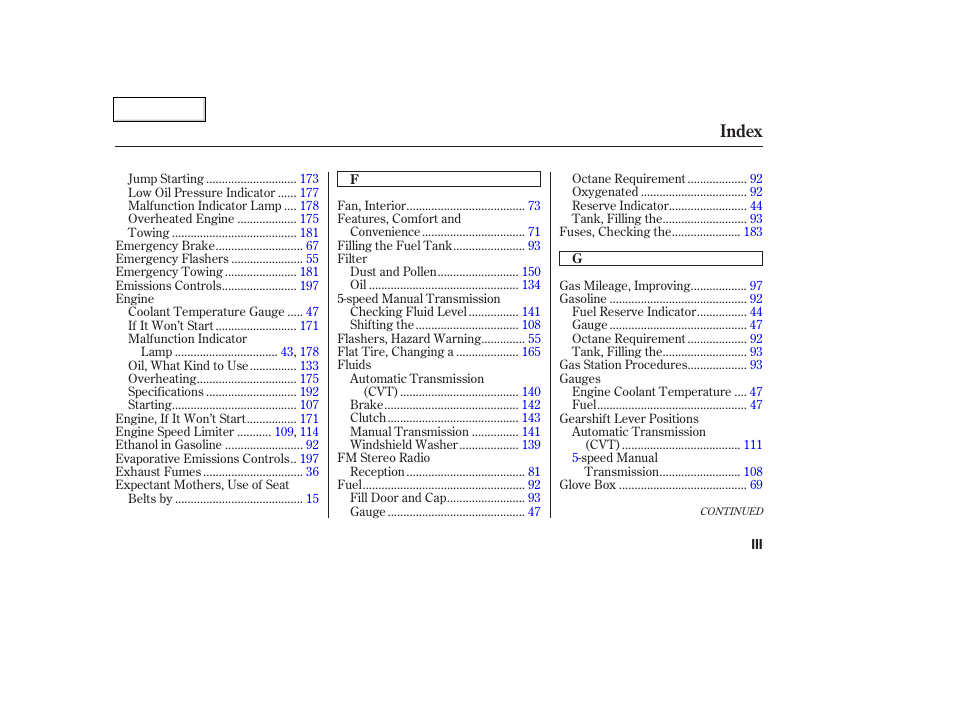Index | HONDA 2004 Insight  - Owner's Manual User Manual | Page 212 / 218