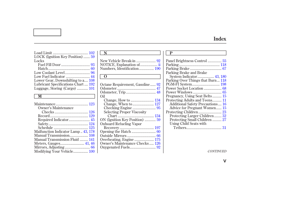 Index | HONDA 2004 Insight  - Owner's Manual User Manual | Page 214 / 218