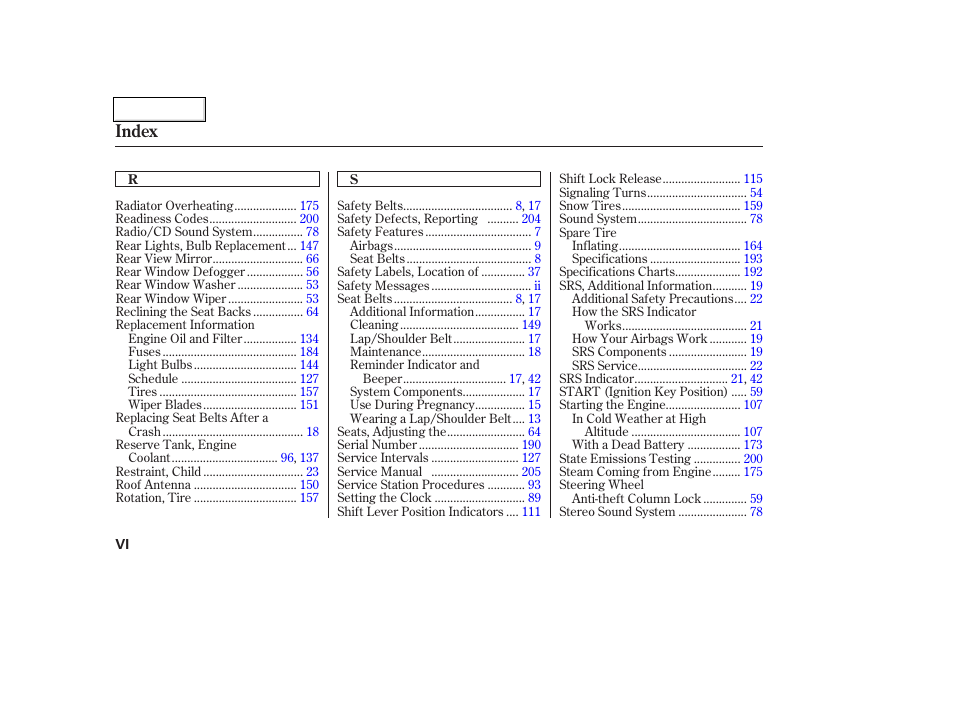 Index | HONDA 2004 Insight  - Owner's Manual User Manual | Page 215 / 218
