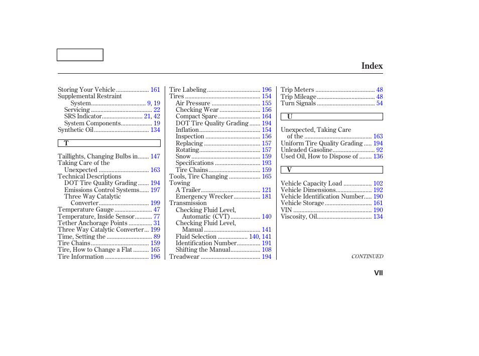 Index | HONDA 2004 Insight  - Owner's Manual User Manual | Page 216 / 218