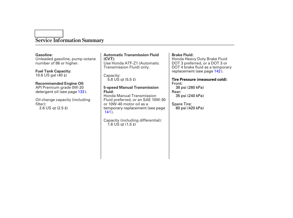 Service information summary | HONDA 2004 Insight  - Owner's Manual User Manual | Page 218 / 218