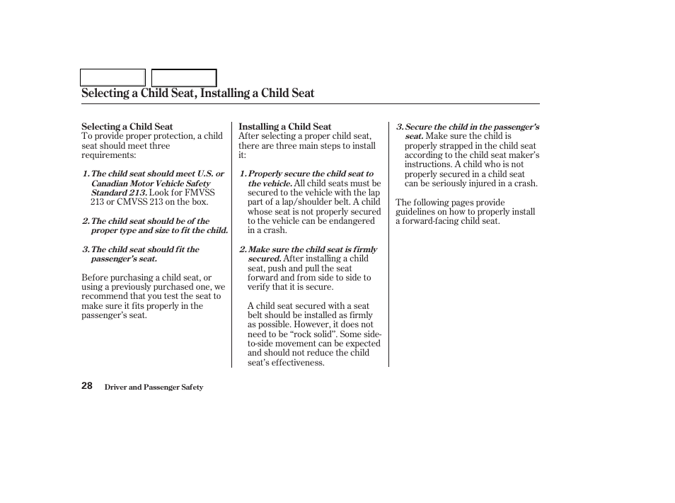 Selecting a child seat, installing a child seat | HONDA 2004 Insight  - Owner's Manual User Manual | Page 31 / 218
