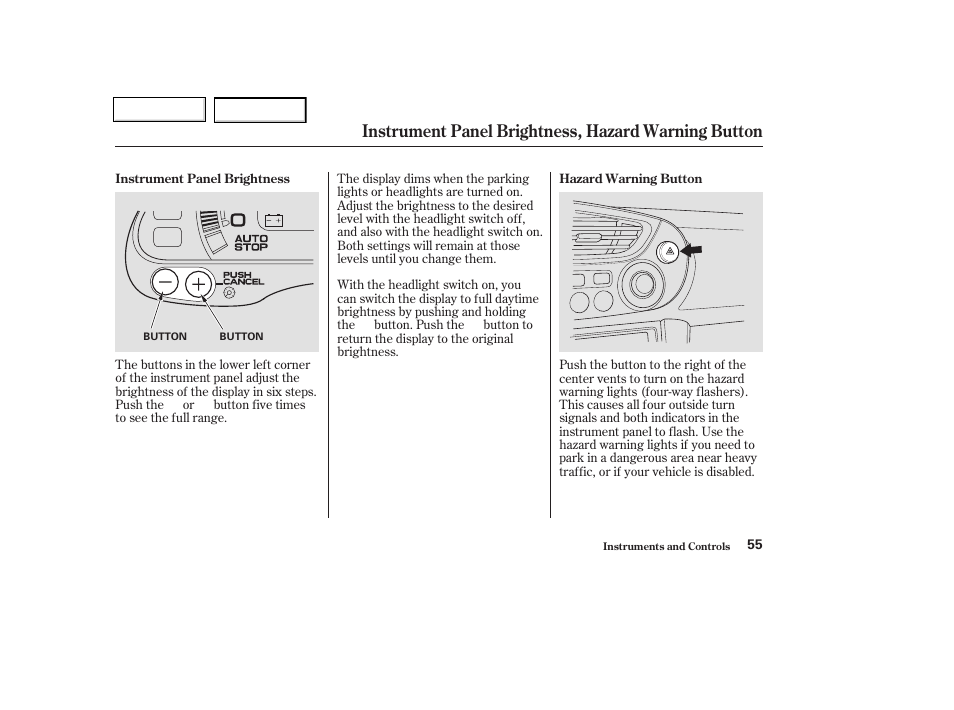 Instrument panel brightness, hazard warning button | HONDA 2004 Insight  - Owner's Manual User Manual | Page 58 / 218