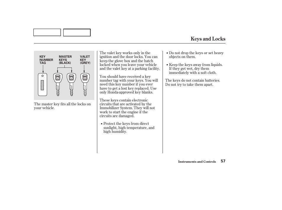 Keys and locks | HONDA 2004 Insight  - Owner's Manual User Manual | Page 60 / 218