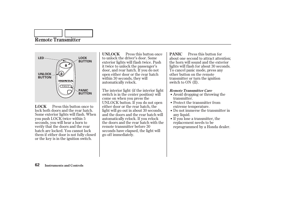 Remote transmitter | HONDA 2004 Insight  - Owner's Manual User Manual | Page 65 / 218