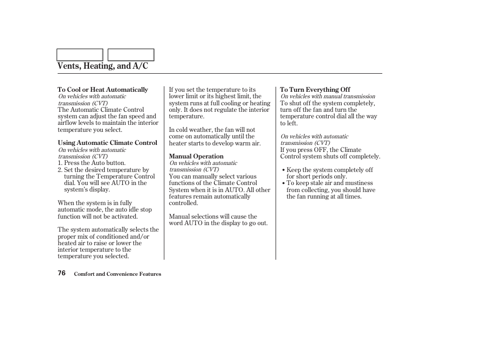 Vents, heating, and a/c | HONDA 2004 Insight  - Owner's Manual User Manual | Page 79 / 218