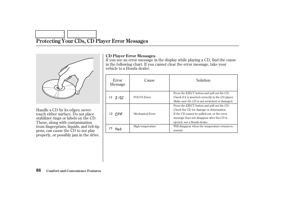 Protecting your cds, cd player error messages | HONDA 2004 Insight  - Owner's Manual User Manual | Page 89 / 218