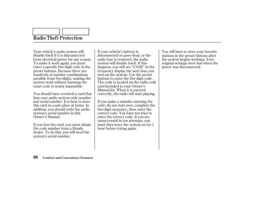 Radio theft protection | HONDA 2004 Insight  - Owner's Manual User Manual | Page 91 / 218