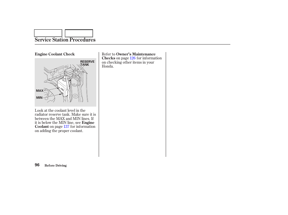 Service station procedures | HONDA 2004 Insight  - Owner's Manual User Manual | Page 99 / 218