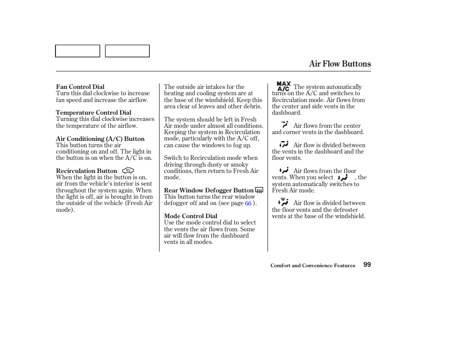 Air flow buttons | HONDA 2004 CR-V - Owner's Manual User Manual | Page 103 / 256