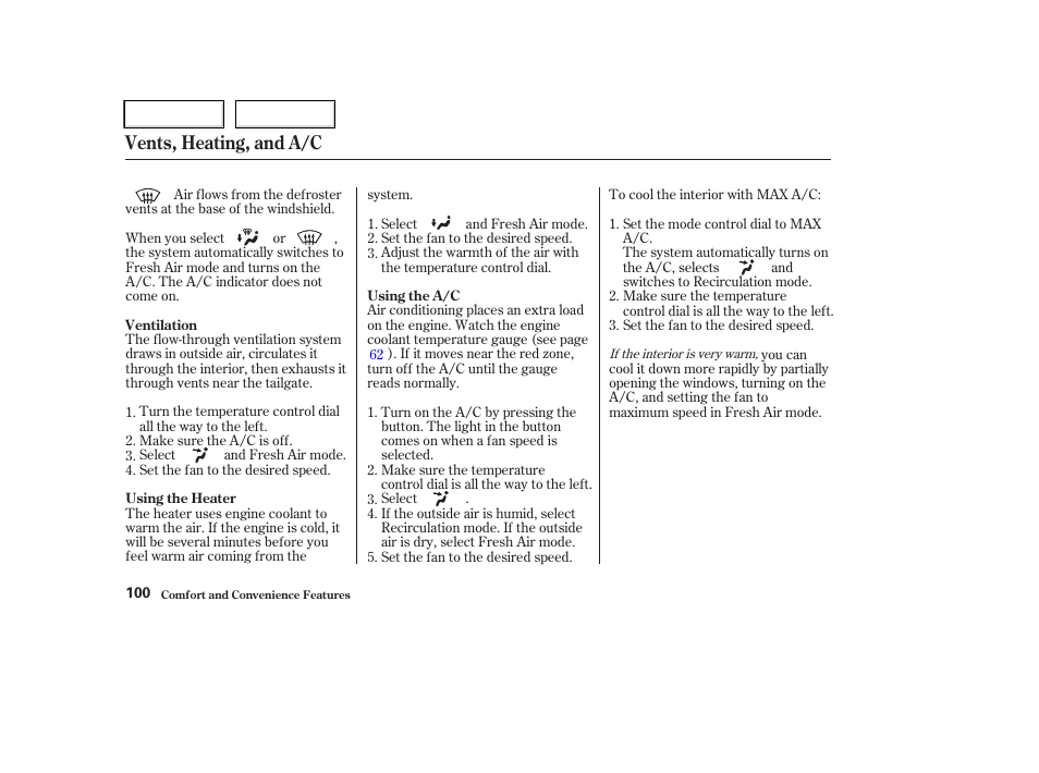 Vents, heating, and a/c | HONDA 2004 CR-V - Owner's Manual User Manual | Page 104 / 256