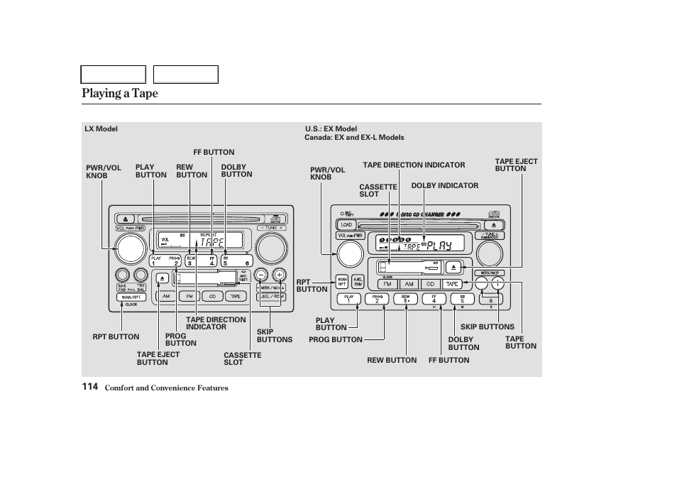 Playing a tape | HONDA 2004 CR-V - Owner's Manual User Manual | Page 118 / 256