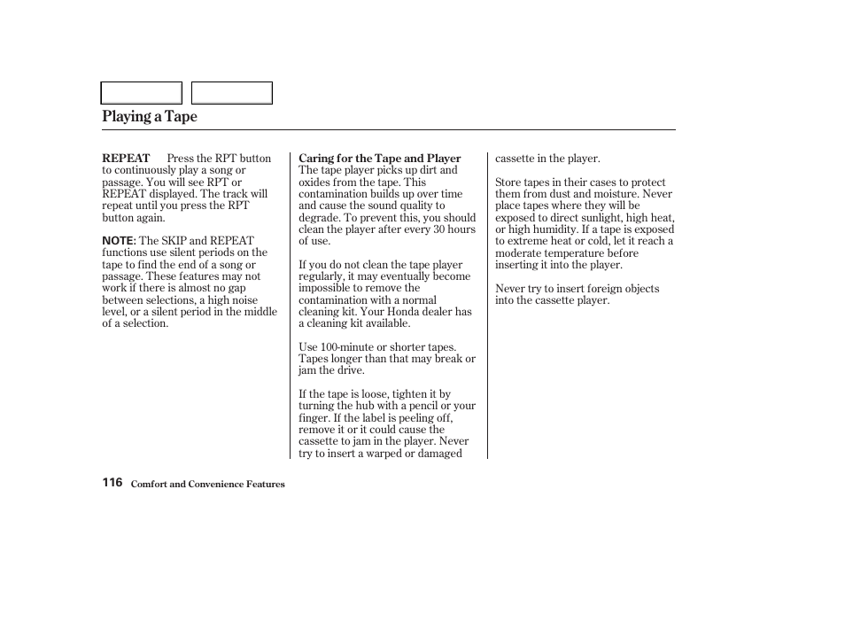 Playing a tape | HONDA 2004 CR-V - Owner's Manual User Manual | Page 120 / 256