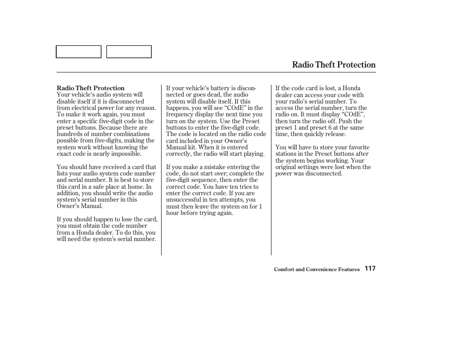 Radio theft protection | HONDA 2004 CR-V - Owner's Manual User Manual | Page 121 / 256